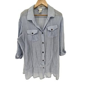 Dotti Womens Blue Cotton Button‎ Down Shirt Tunic Top Coverup Swim Size Large